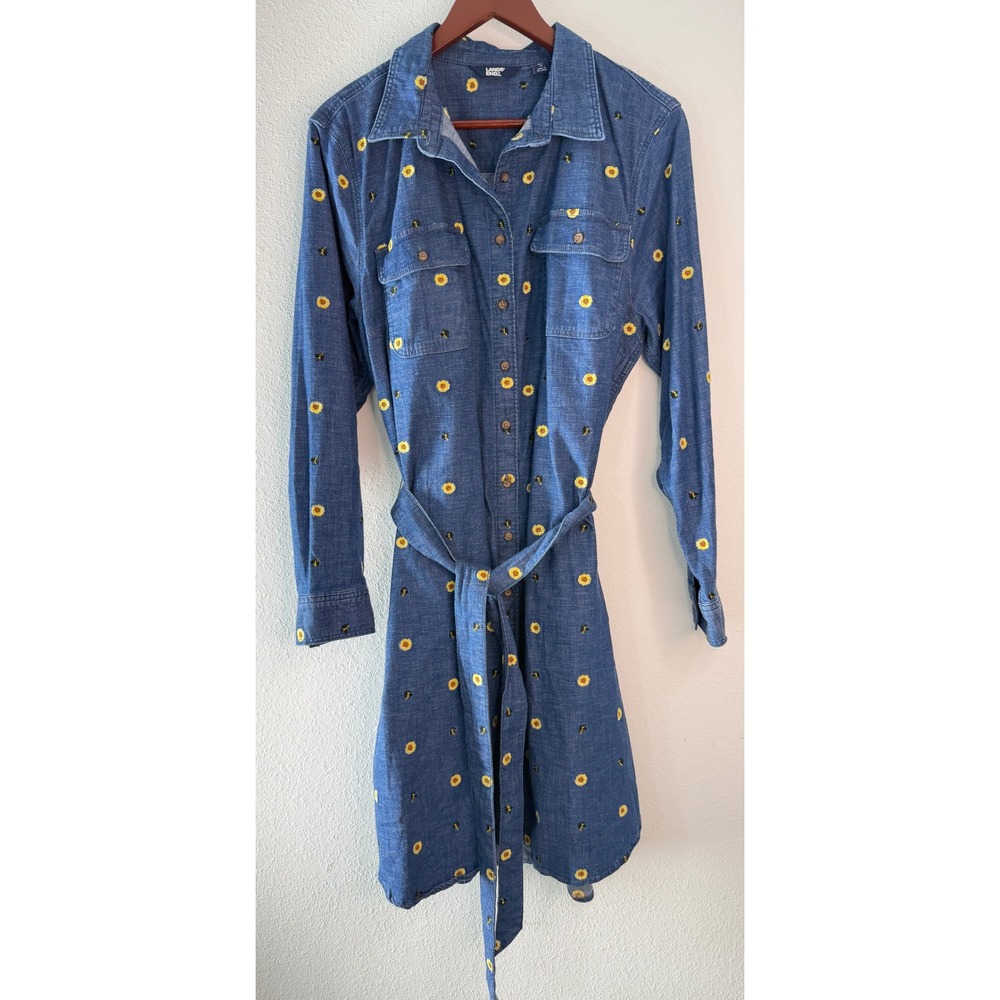 Lands End Blue Denim Boho Embroidered Shirt Dress Sunflower Bee Pockets Prep XL